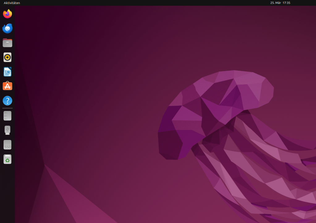 Bild vom Ubuntu Desktop mit violettem Hintergrundbild, worauf schemenhaft eine Qualle abgebildet ist.Am rechten Bildschirmrand ist ein horizontales Dock mit den Programmen zu sehen