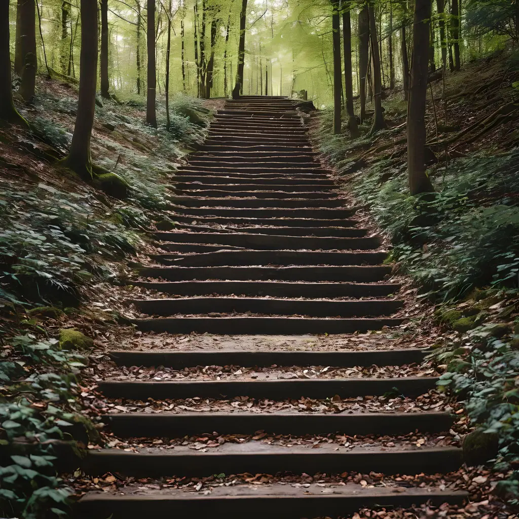 Treppe in einem Waldweg als Symbol für das Erklimmen von Zielen